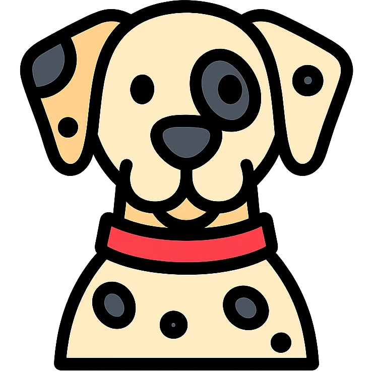 Dalmatian dog with a red collar, color outline icon style, black outlines, subtle color emoji