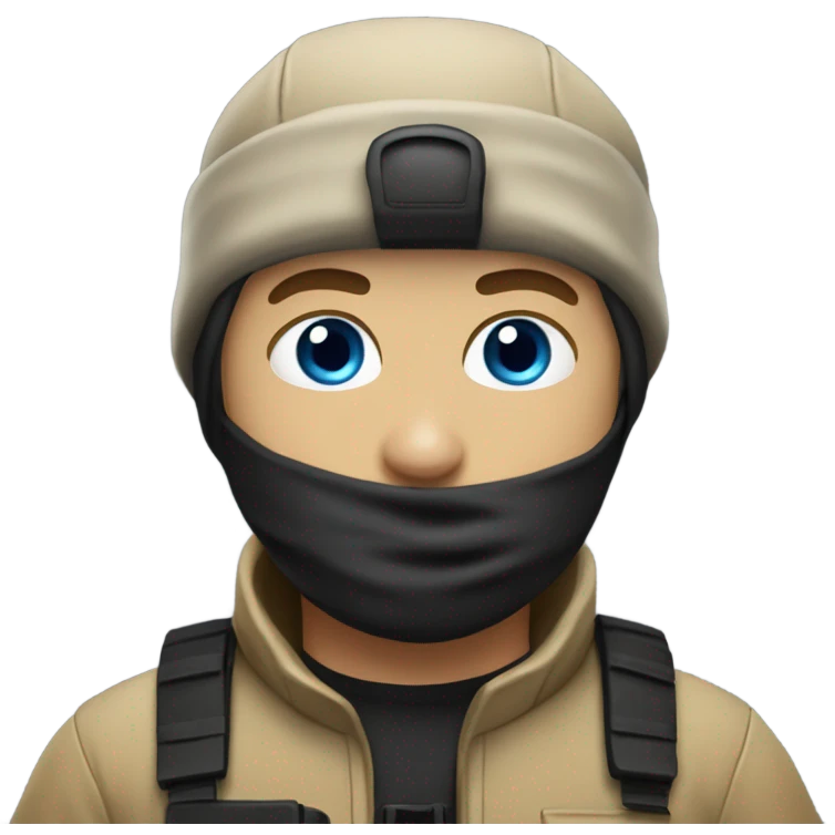White male, face mask, tan tactical gear, tan pants, combat boots, black beanie, blue eyes emoji