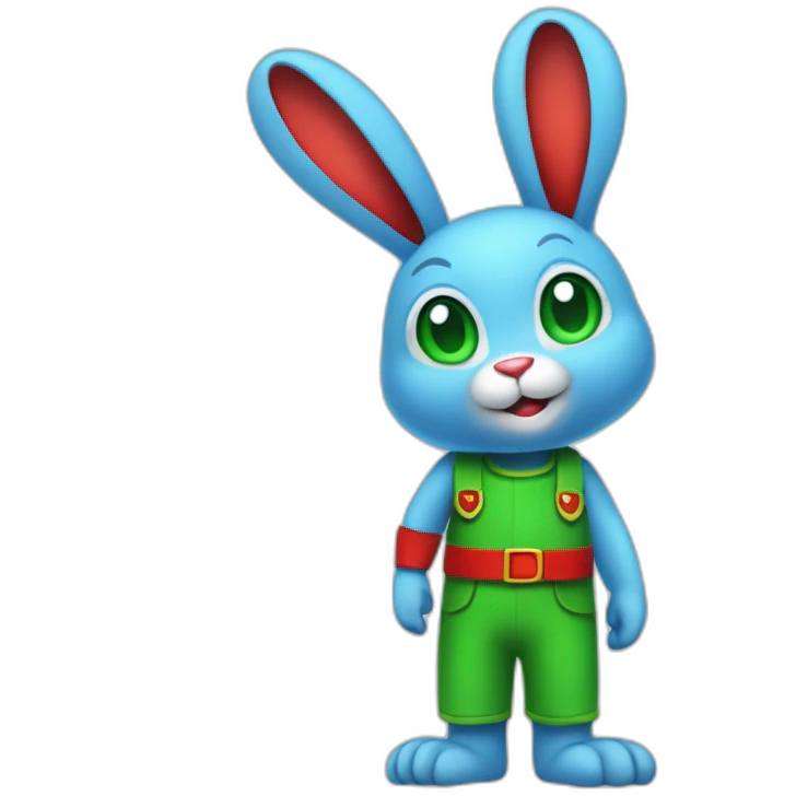Blue humanoid rabbit with red shorts and white gloves with green eyes and monkey tail, full body emoji