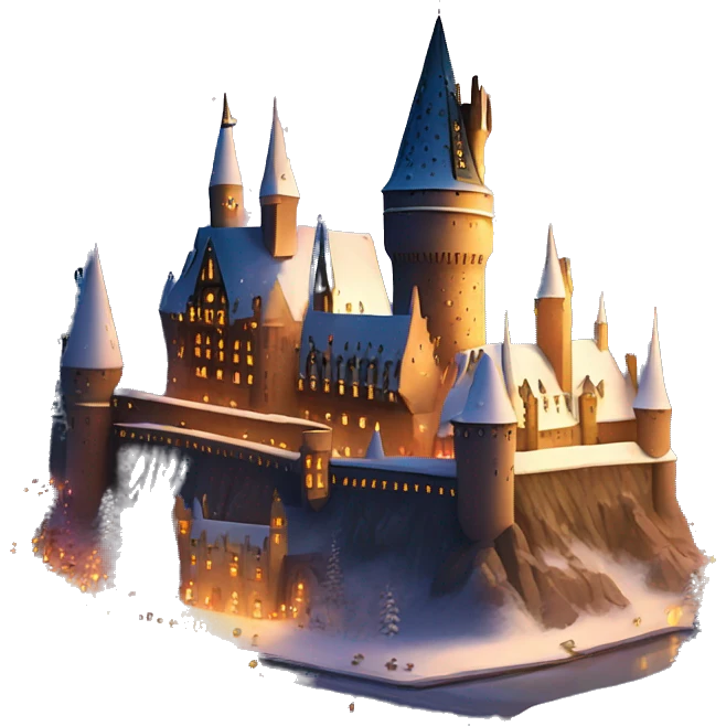 Hogwarts castle covered in snow, with warm lights glowing from the windows, creating a cozy, magical holiday scene emoji