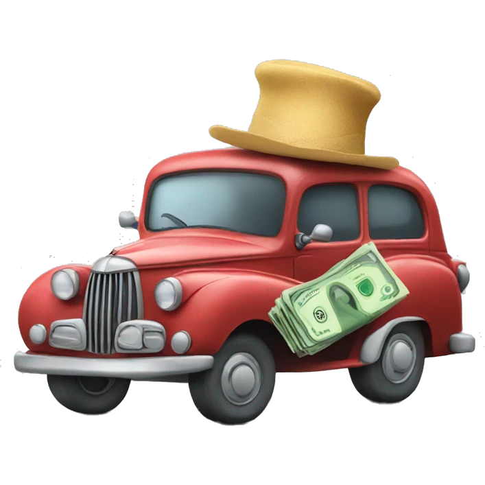 Car wearing a too hat and holding a bag of money emoji