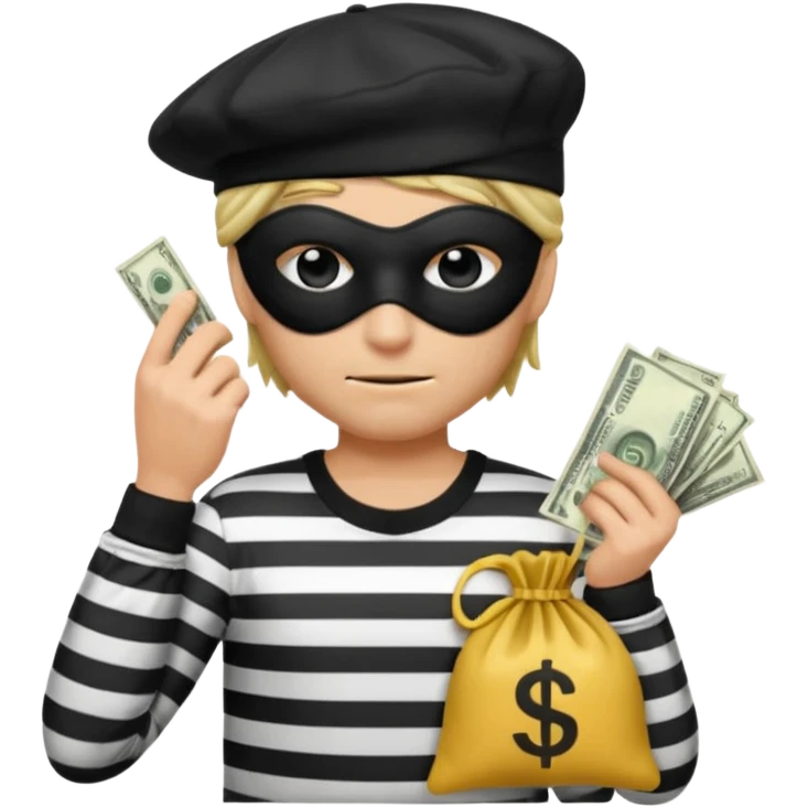 a short ios emoji-style portrait of a classic burglar, a black eye mask (looks like a blindfold) and a black-and-white striped shirt. emoji-like hair, black hat, ONE bag of money 💰 with a dollar sign in a right corner emoji