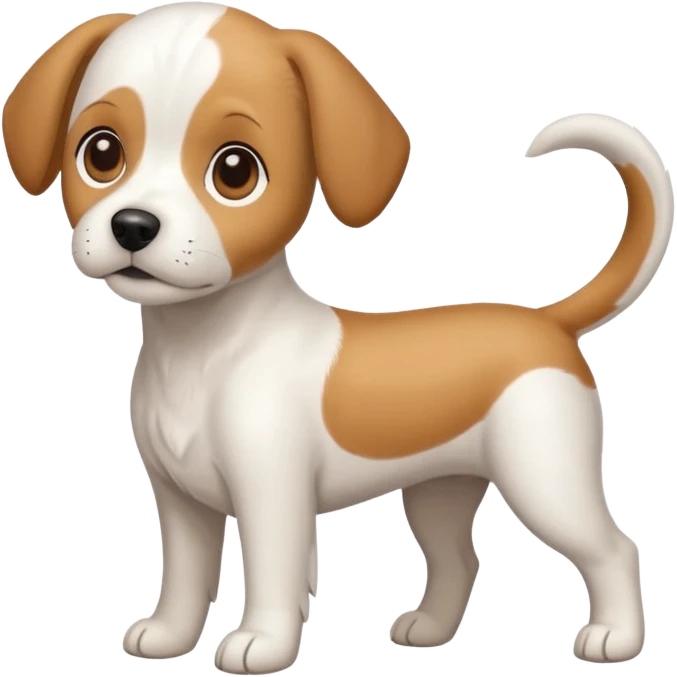 a full body white beagle x maltese x chi dog the size of a kelpie with light brown ears and a light brown patch on one eye emoji