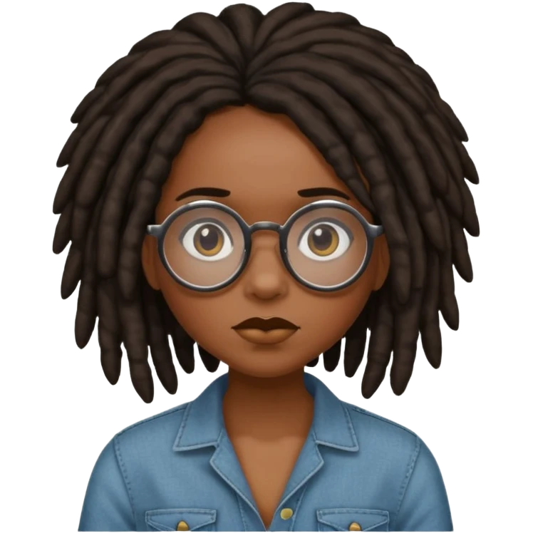 darker skin female with dark dreadlock hair wearing large round glasses saying no emoji