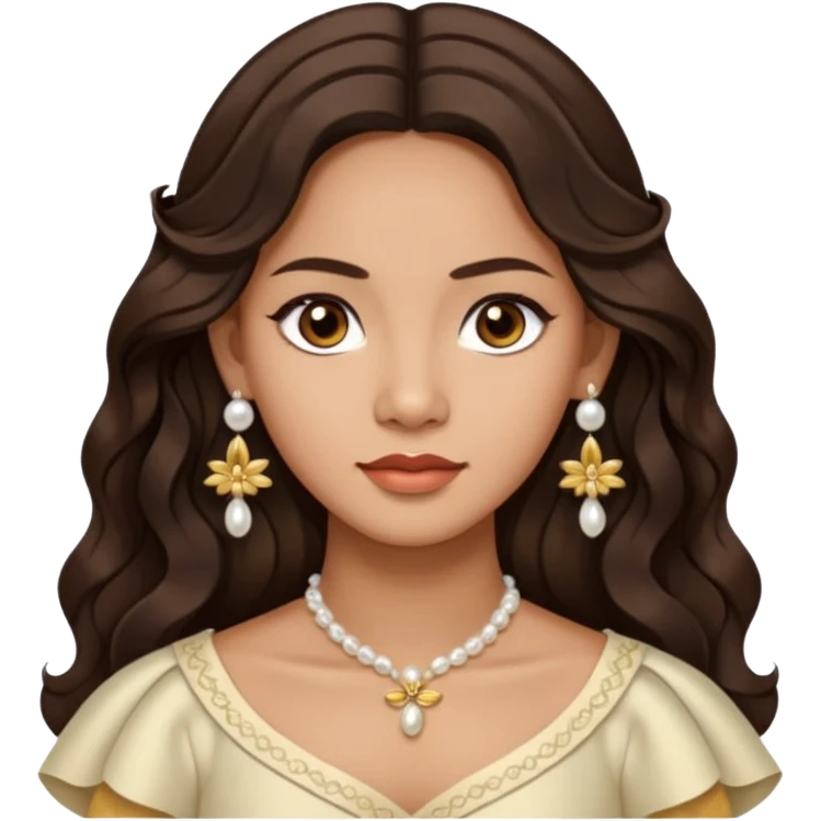 Tan Filipino woman with dark brown eyes and long dark wavy hair parted in the middle wearing a traditional filipiniana and white pearl stud earrings and no other jewelry emoji