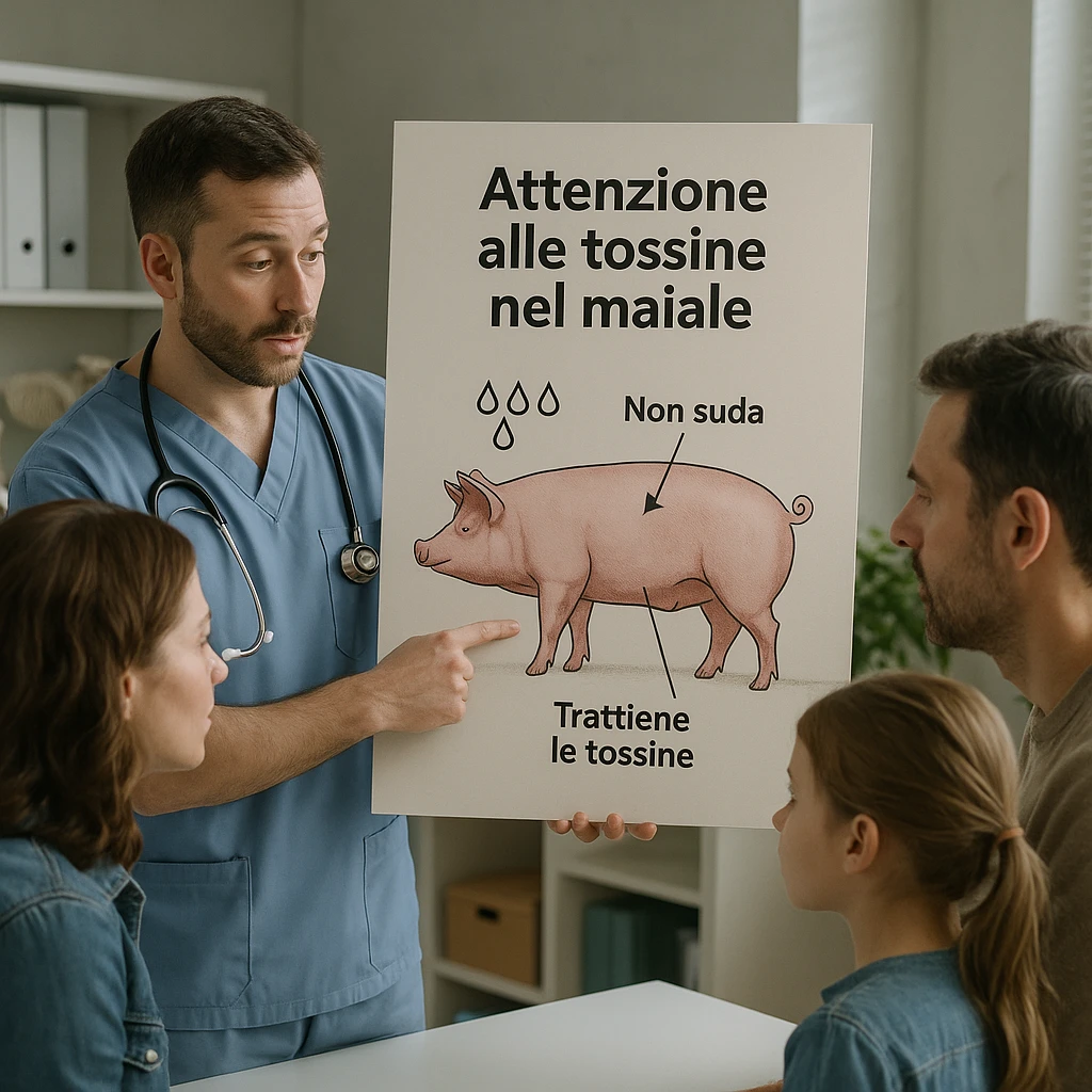 realistic scene of a veterinarian showing a diagram to a family, highlighting that the pig does not sweat and retains toxins, educational atmosphere, Italian text: 'Attenzione alle tossine nel maiale', 4K quality emoji