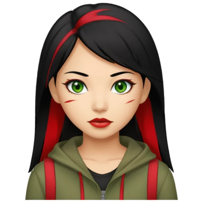 Asian-Latina women with black hair and a red streak with green eyes and alternative/grunge clothing style. emoji