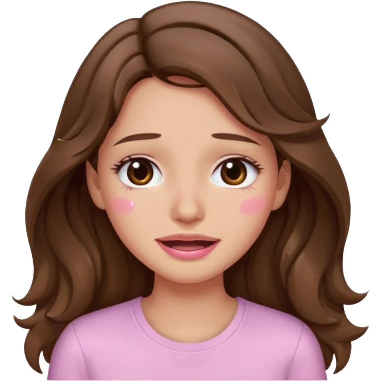 girl with wavy long brown hair, brown eyes, light to medium complexion, long lashes, light pink lipstick, wearing light pink shirt, smiling, crying big tears emoji
