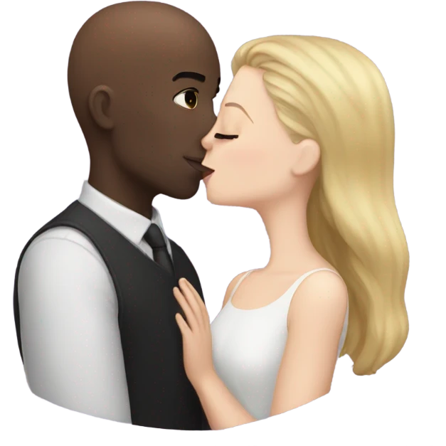 White girl dark hair kissing bald black man emoji