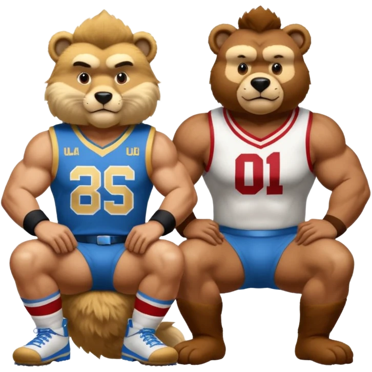 Can you create a emoji of threw Nebraska Cornhusker mascot sitting on top of the UCLA Bruin mascot emoji