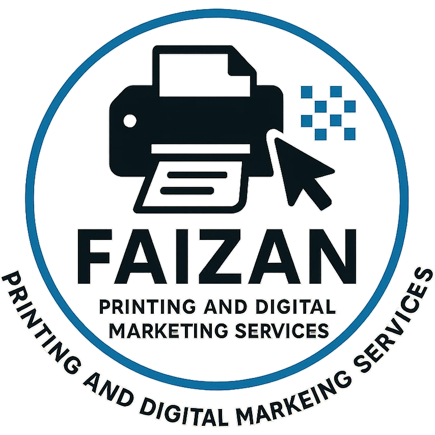 clean emblem style logo for 'Faizan Printing and Digital Marketing Services' featuring printer and paper icon, digital cursor and pixel grid representing digital marketing, blue black and white color scheme, bold clear company name, minimal digital motif encircling logo, modern professional adaptable for print and web emoji