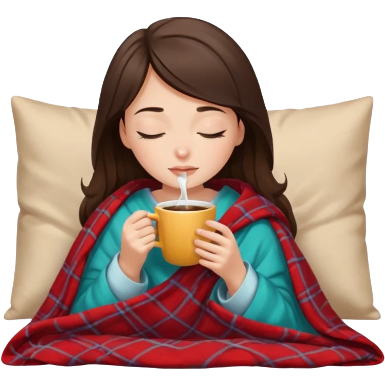 Brunette girl inside a blanket sipping coffee eyes closed emoji