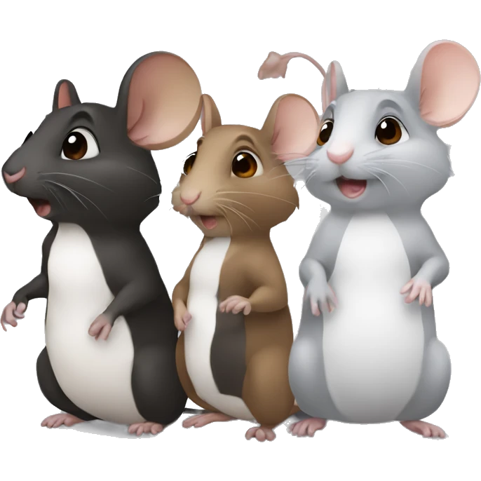 three differently colored rats grey black white brown talking emoji