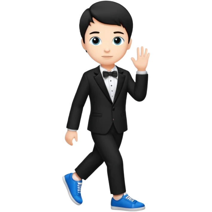 generate a pretty bratz fair skinned boy with short black hair wearing a black tux with blue sneakers emoji