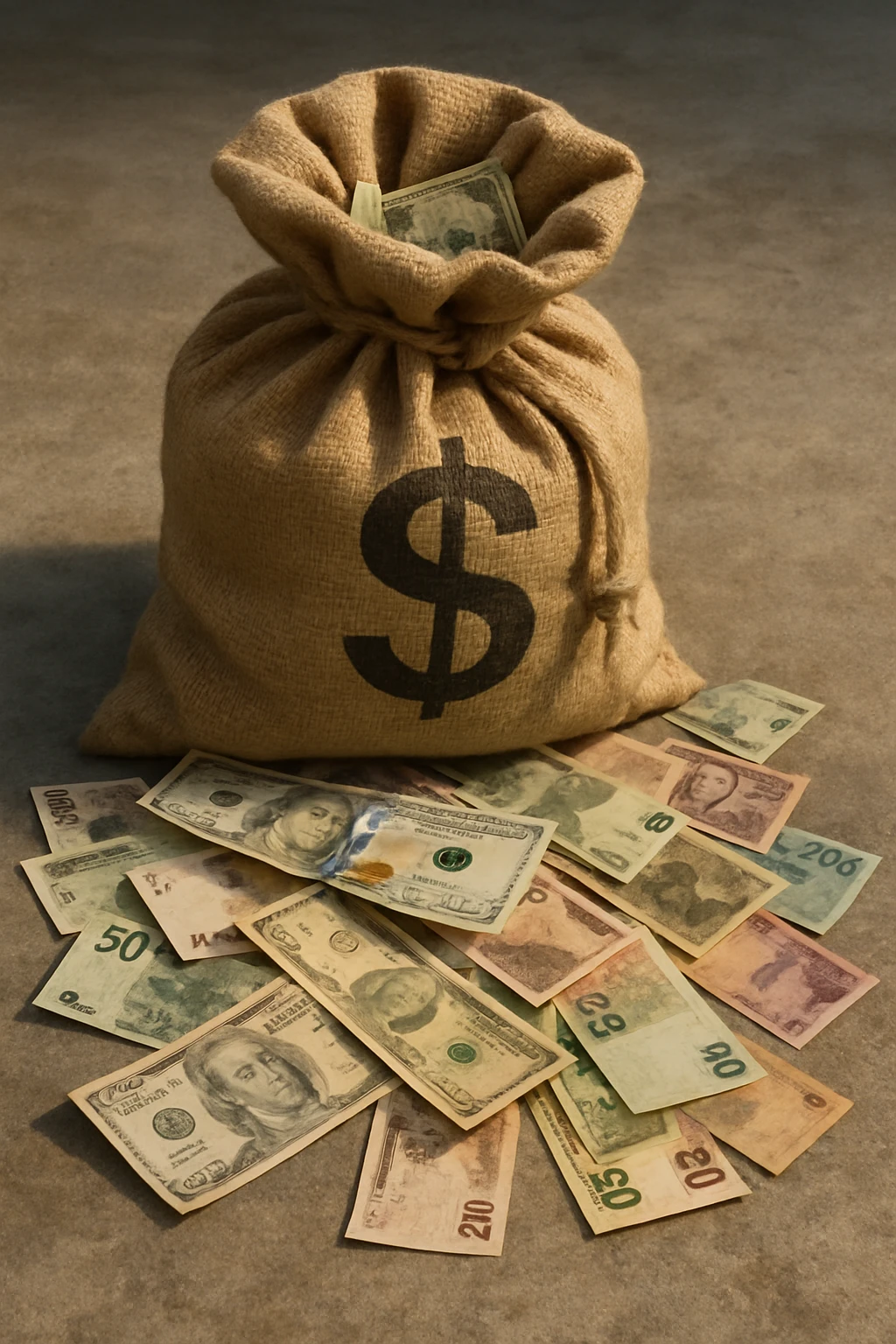 realistic illustration of a sack of money with currency spilling out onto the ground emoji
