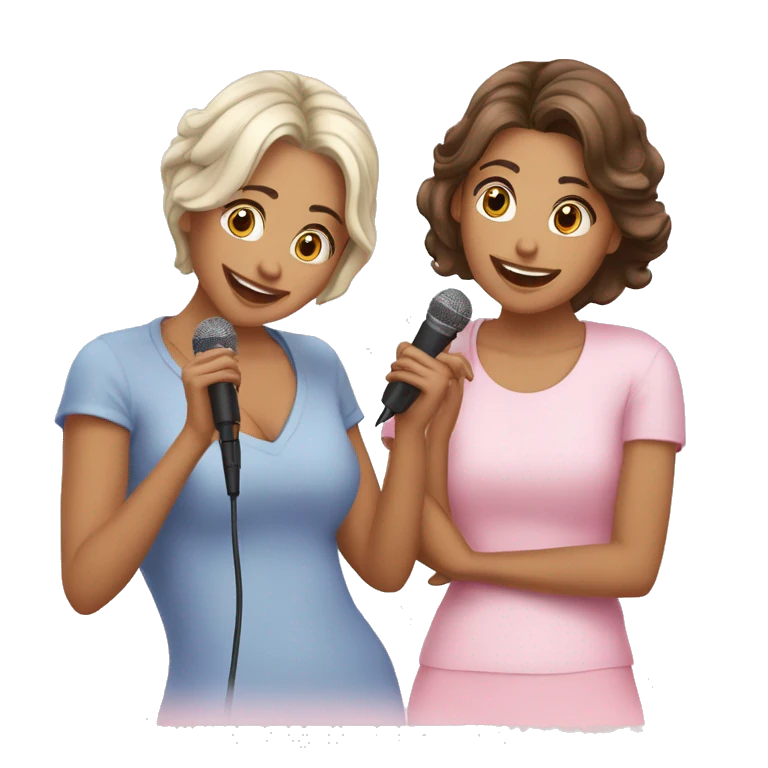 duas amigas de mãos dadas falando no microfone emoji