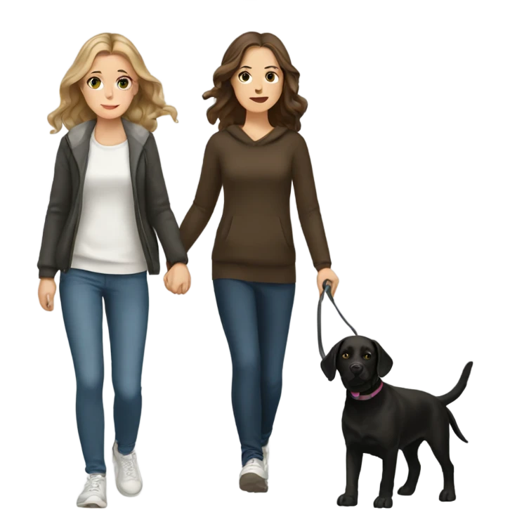 White Girl with brown hair walking a black Labrador  emoji