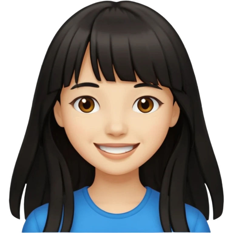Pale brown girl with long black hair with bangs, happy emoji