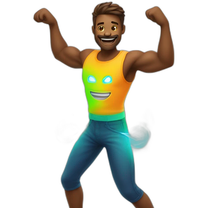 Fit, playful emoji-man with vivid neon glow, exuding a cheerful aura, and strong, lively posture.”  emoji