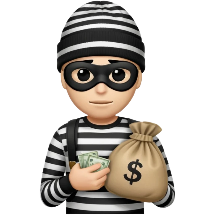 burglar with black and white striped shirt, black beanie, black mask over eyes, holding a moneybag emoji