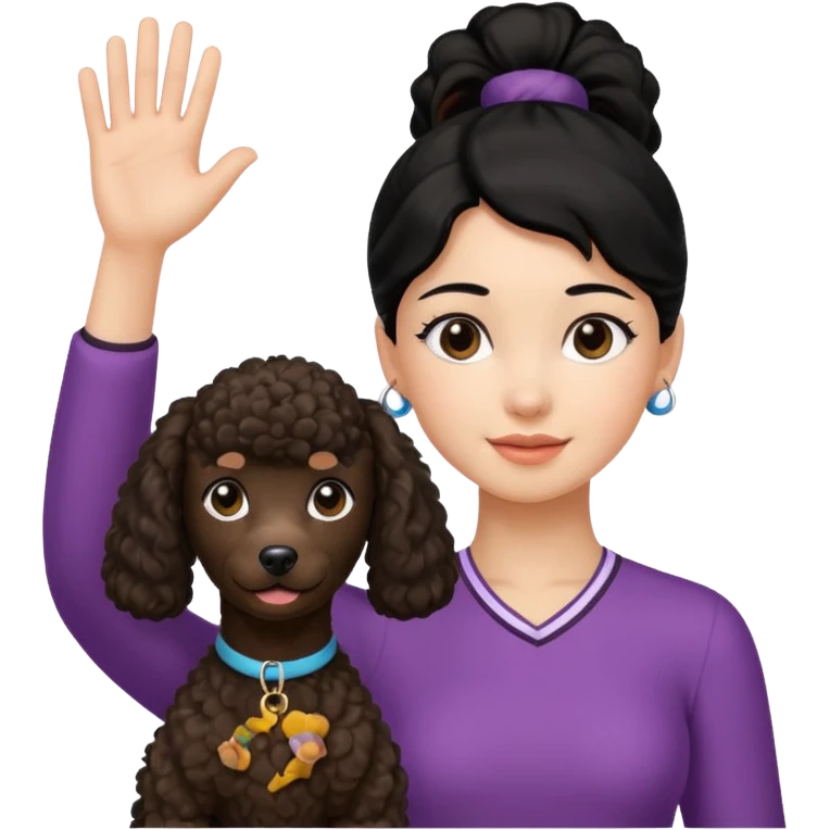 Ponytail black hair girl with brown Poodle say goodbye  emoji