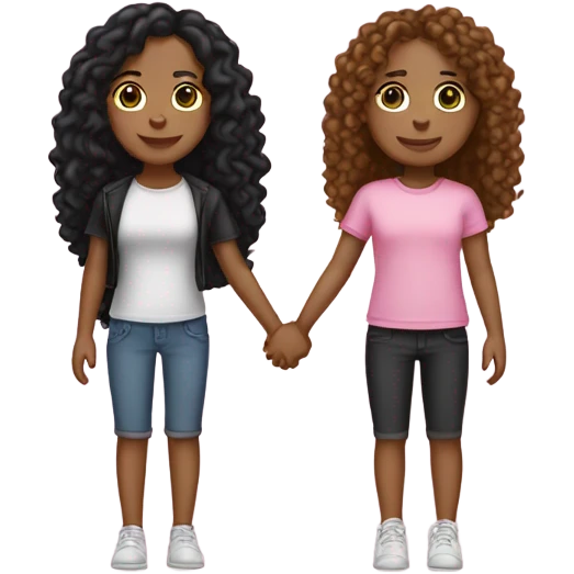 two best friends holding hands , both with tan skin. One long black straight her the other long curly hair. clothing pink for both  emoji