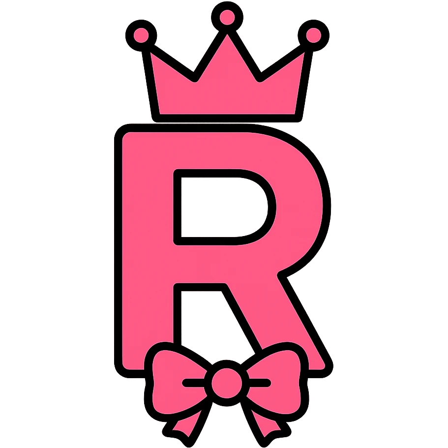modern icon style pink letter R with a pink crown and a bow emoji