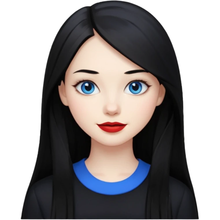 20 yr old woman long straight black hair, pale skin, blue eyes, red lipstick, black clothes, small smile emoji