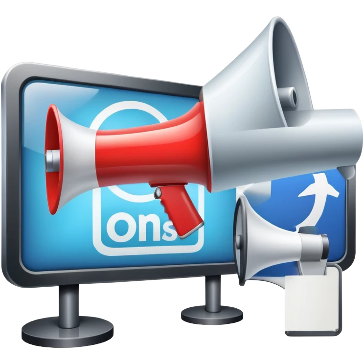 An icon featuring a megaphone, a billboard, and social media icons, symbolizing advertising and public relations. The design includes a press release and a rising graph, representing brand promotion and communication strategies. Transparent background highlights media influence and outreach. emoji