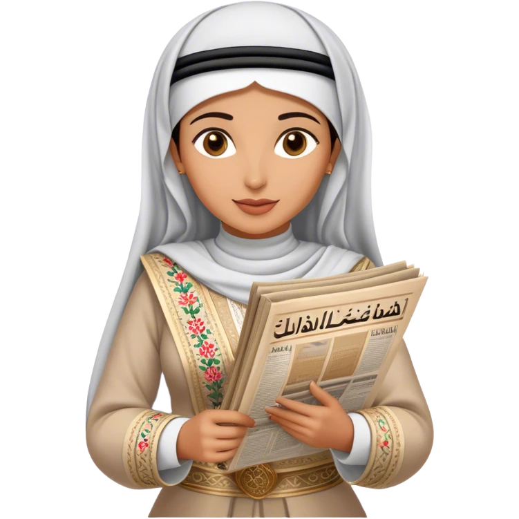 a khaleeji woman dressed in a traditional embroidered outfit, elegantly holding a historical Arabic newspaper. The newspaper headline announces the formation of the United Arab Emirates, adding a sense of cultural and historical significance.  emoji