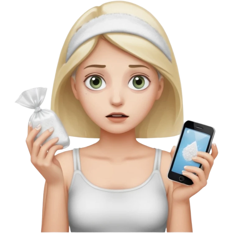 she's anxious , has a transparent tiny pastic bag full of white powder, and her phone in the other hand emoji