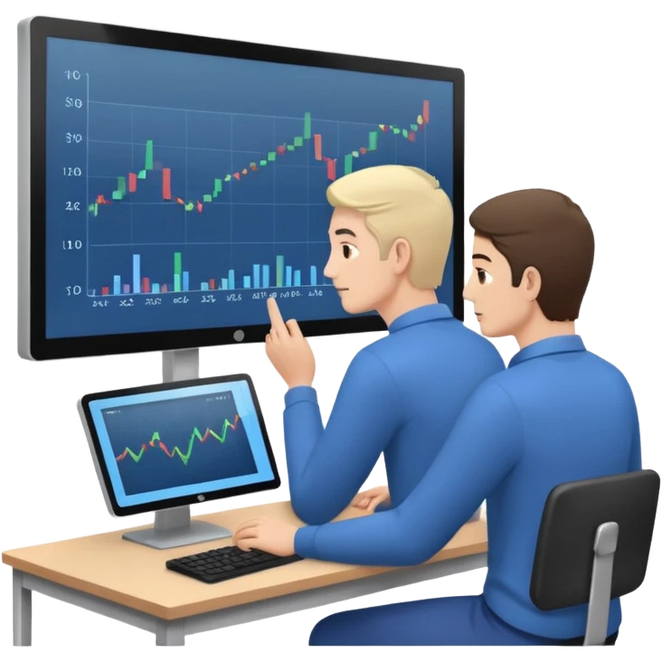 teaching somebody else in person, in the same place, watching the same monitor together, the trainee and trainer are in the similar age, two both are men, the monitor should be showing some data graphs  emoji