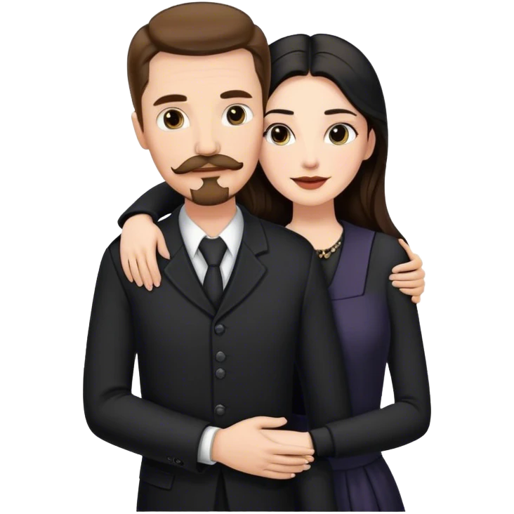 tall white man with brown hair goatee mustache hugging a pale woman with long black hair, wearing elegant clothing emoji