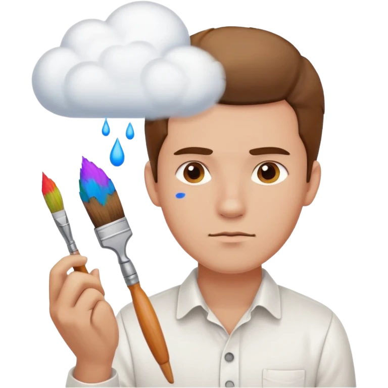 a man in a white buttoned shirt with a thinking cloud picturing a brush emoji
