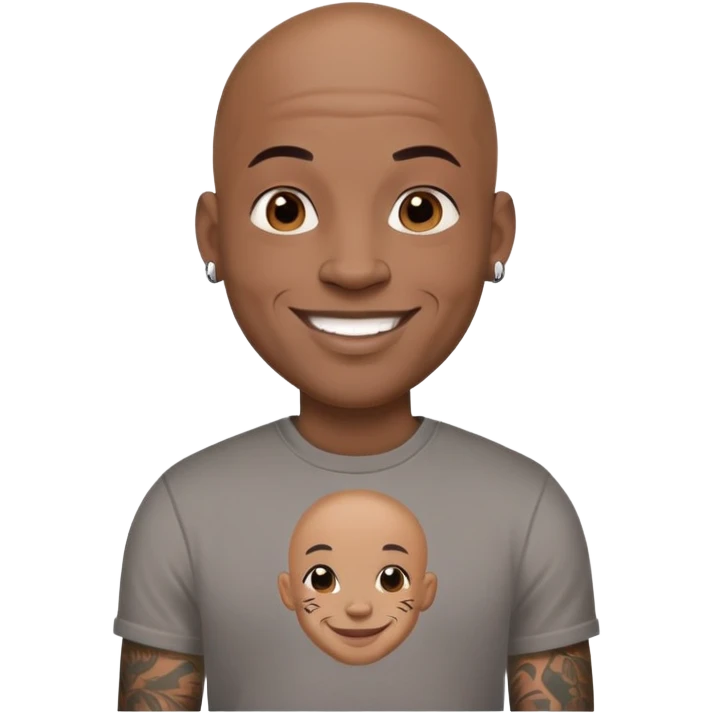 bald black man with full face tattoos, smiling, wearing a t-shirt emoji