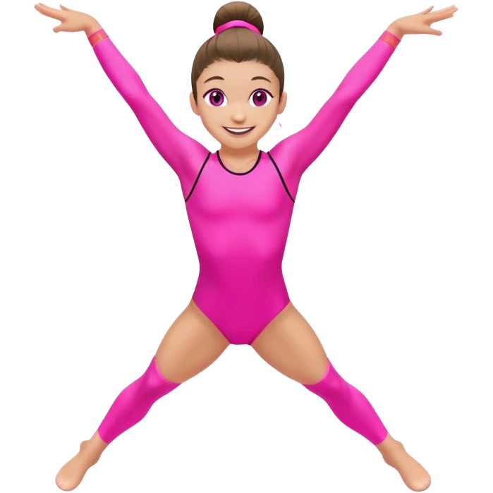"A gymnast in neon pink outfit with a smile and a look of surprise (normal skin) emoji