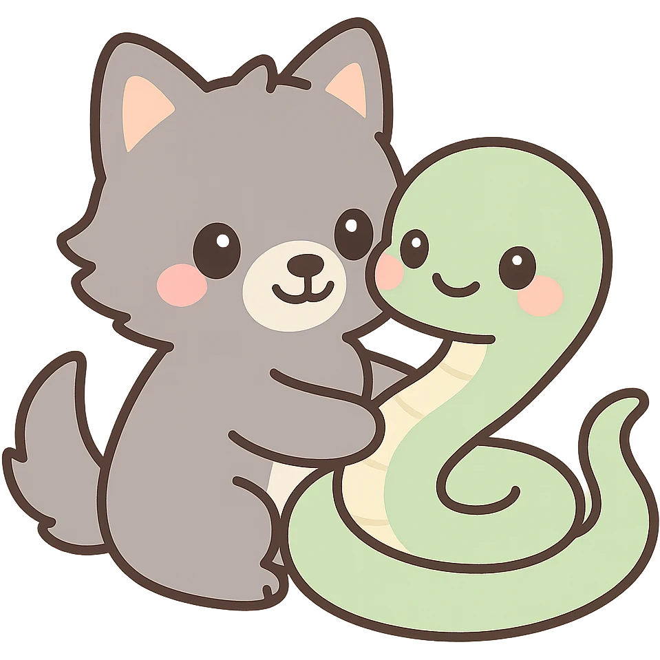 kawaii wolf hugging a kawaii snake, simple background, gentle colors, adorable style emoji