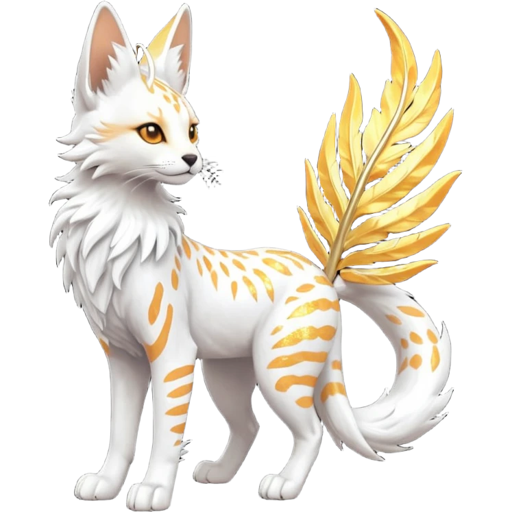 Epic complex fantasy glorious detailed futuristic divine godly angelic feathery sunny, white, albino, pastel, golden, orange glowing sparkly, realistic Fakémon-Trico-Sergal-Serval-Solgaleo-Vernid-creature (full body) solarpunk, shiny sparkly with a gold laurel emoji