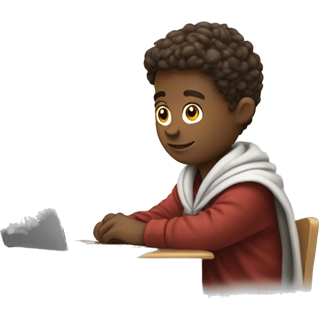white boy sitting at a school desk with a big blanket wrapped around shoulders working on chromebook emoji