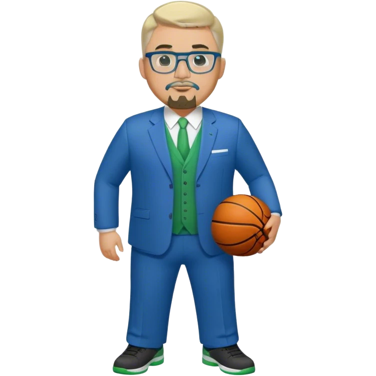 Full Body plus size white male basketball team manager with glasses blondish gray short hair with a goatee wearing blue and green suit emoji