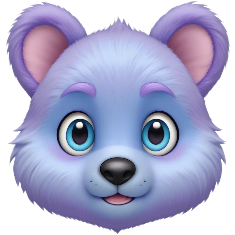 A creature with pastel purple fur and large pixar blue eyes and small ears like a teddy bear emoji