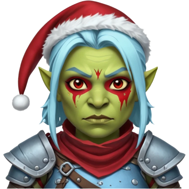 Fantasy Christmas orc legion soldier icon, iron tundra army theme, heavy winter armor, disciplined brutal look, dark icy steel armor with bold crimson cloth and markings, cold blue shadows, high contrast, clean emoji portrait style, female variant emoji