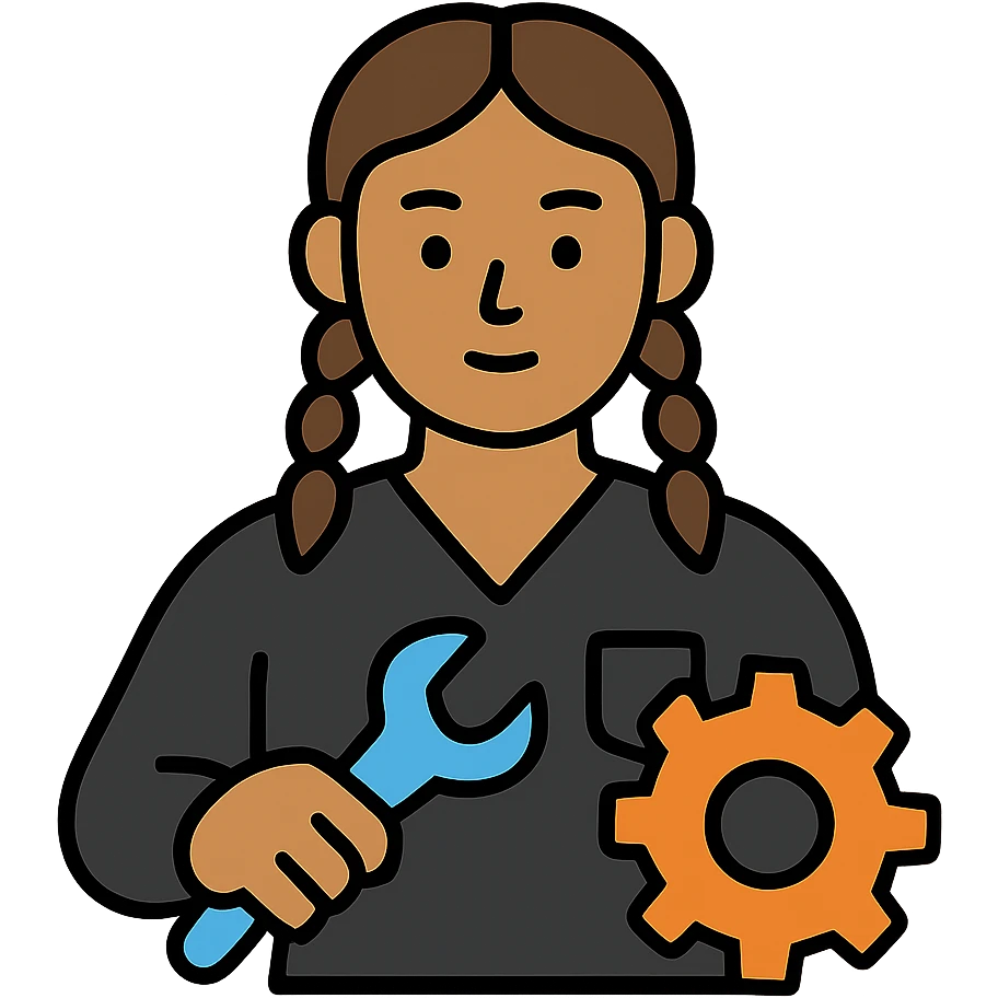 A 40-year-old Latina woman with light brown skin, two braids pulled back, dressed in all black mechanic scrubs, working as an auto mechanic emoji