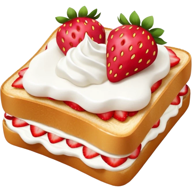 square toast topped with fluffy white cream, decorated with a strawberry bow made from two strawberry center, bright red and glossy emoji