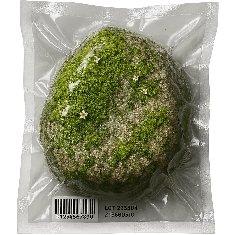 stone mostly covered in green moss with small flowers, glossy and puffy emoji