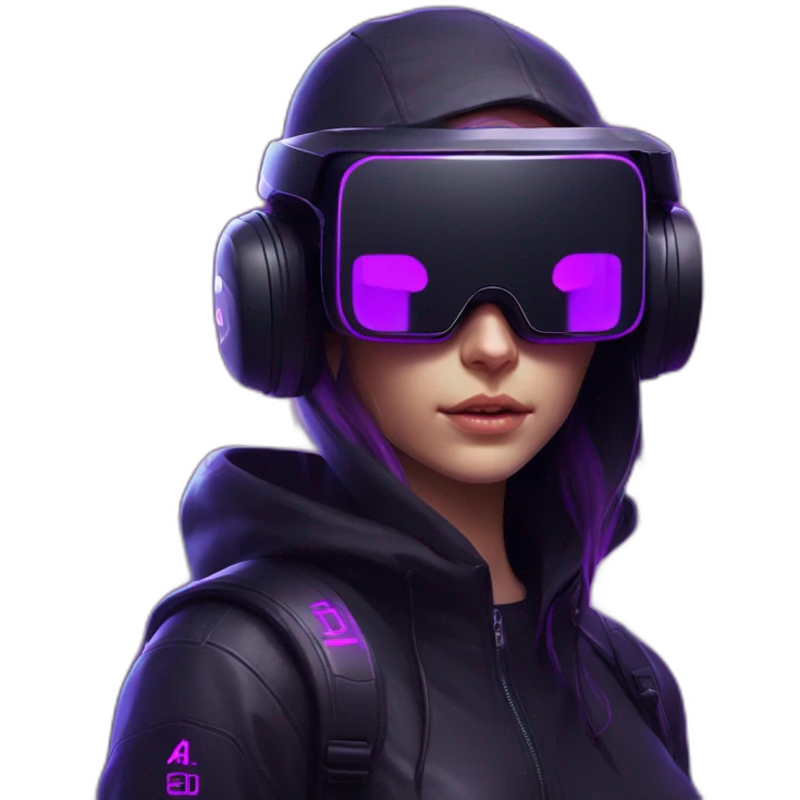 Russian student in the black hoody with violet letters "OMG VR" on it wearing vr headset. Cyberpunk style. Violet neon. emoji