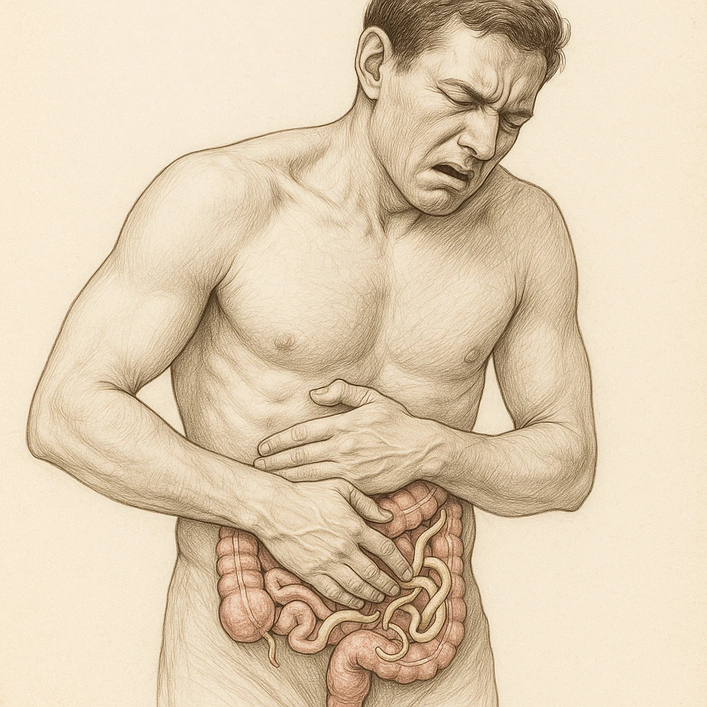 realistic anatomical man, visible intestine with light beige worms, pose showing discomfort, scientific style emoji