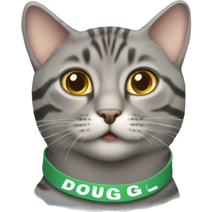 Grey tabby cat wearing a name tag that says Doug emoji