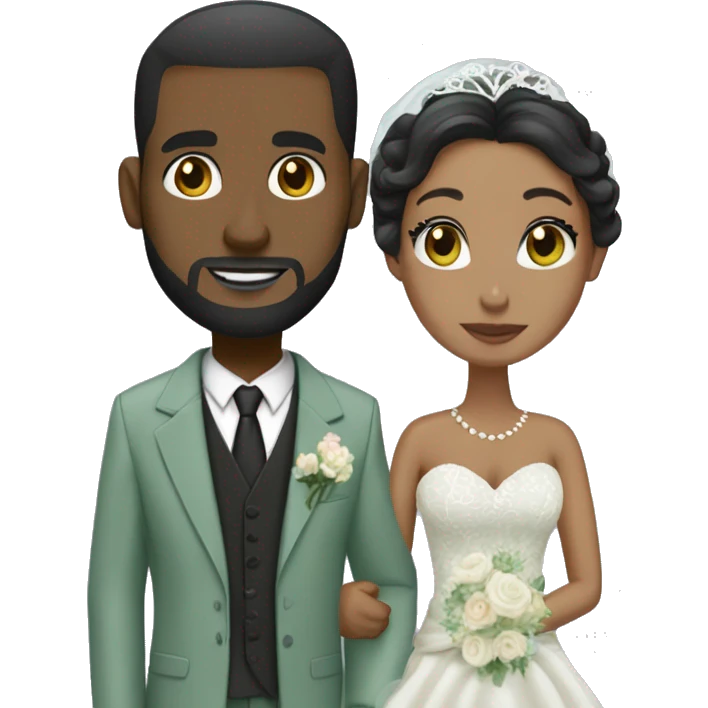 Black Wedding couple. Bride has black hair updo. She wears mermaid lace dress. She has dark brown eyes. Groom has sage green suit and sage green vest. He is bald head. He has full beard. He has dark brown eyes too. emoji