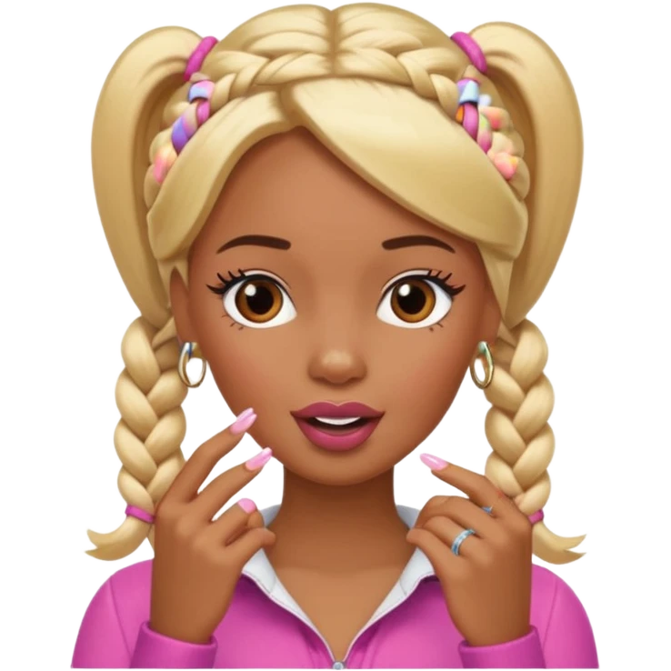 brown skin blonde barbie with two braids in front biting fingernail with long French tips  emoji